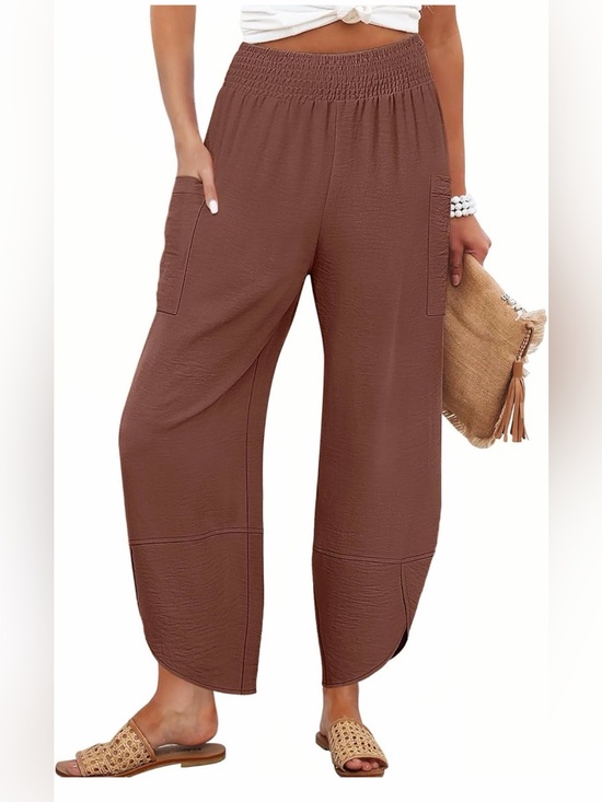 Pants - Women's Brown Elastic Waist Wide-Leg Pants
